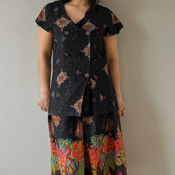 vtg 90s floral print skirt suit set multicolor‎ black vacation outfit boho small - Picture 8 of 9